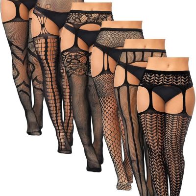 Jadive 6 Pairs Women Plus Size Fishnet Stockings Black Thigh High Tights Fits XL