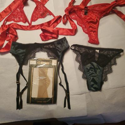Two Garter sets 1 Green  Pantie 1 Red Tie Bralette Pantie & Stockings New  S.