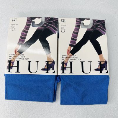 HUE Iris Blue Super Opaque Footless Tights Control Top Womens Size 1 New 2 Pair
