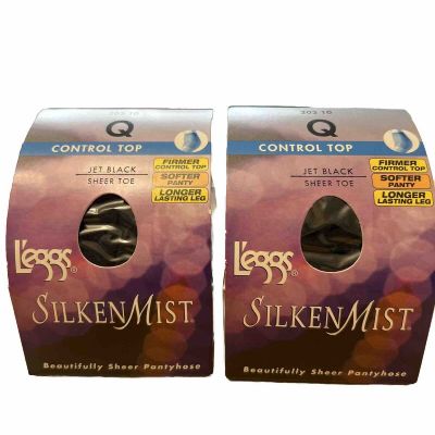 L’eggs Silken Mist Control Top Queen Pantyhose Jet Black Sheer Toe 2pc VTG New