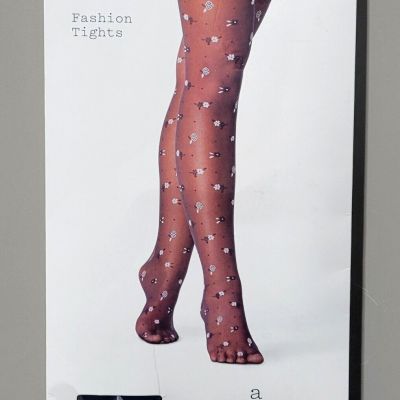 A New Day Women's Size S/M Black Fashion Footed Tights w/ White Floral Design
