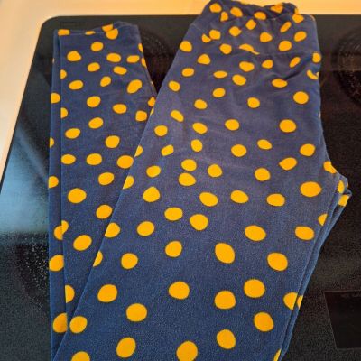 LuLaRoe Leggings OS Bright Yellow Polka Dots on Steel Grey Navy Blue Base