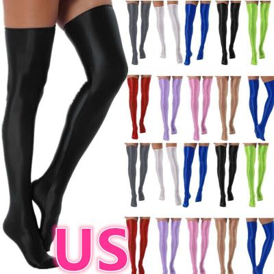 US Women's Opaque Stockings Soft Over Knee Shiny Glossy Thigh High Tights Socks
