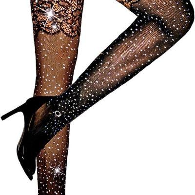 Women'S Thigh High Stockings Sparkle Rhinestone Fishnets Sexy Mesh Tights Lace P