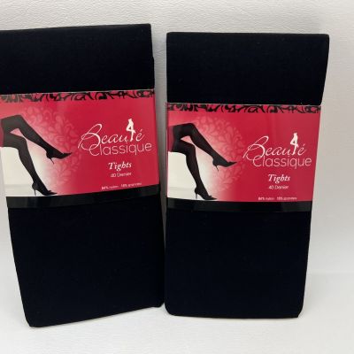 Set Of 2 Junior Womens  Black Opaque Solid Classic Tights Size Small/Medium NEW