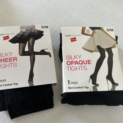 Hanes Silky Sheer & Opaque Tights Black S/M New Lot of 2 Non & Light Control Top