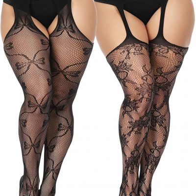 TGD Womens Fishnet Stockings Tights Plus Size Lace Suspender Pantyhose Stocking
