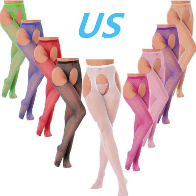 US Womens See-through Suspenders Pantyhose Stretchy Crotchless Tights Stockings