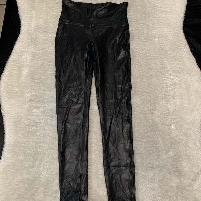 Spanx Black Faux Leather Leggings Size Large Stretch Shiny