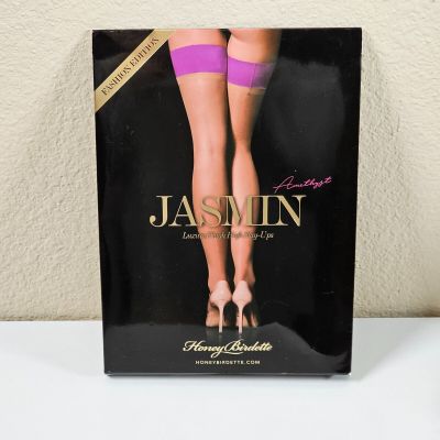 NIP Honey Birdette Jasmin Amethyst Stockings Luxe Thigh High Stay Ups Size Small
