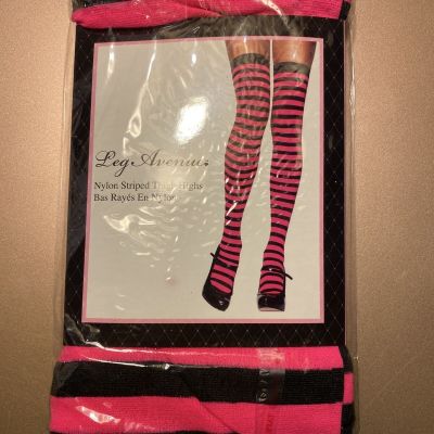 Opaque Stripe Thigh High Stocking Pink Black LEG AVENUE OSFM Costume Halloween