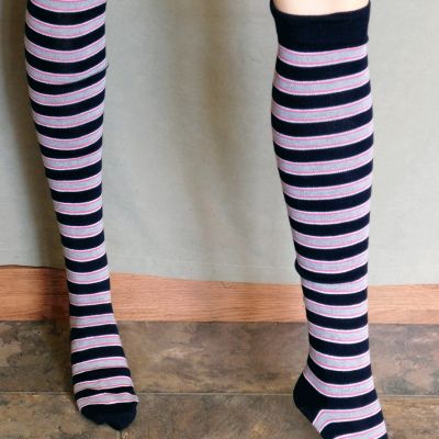 Long Striped Stockings, Thigh Knee High Socks, NWOT, Black Stripe, Retro, CUTE!