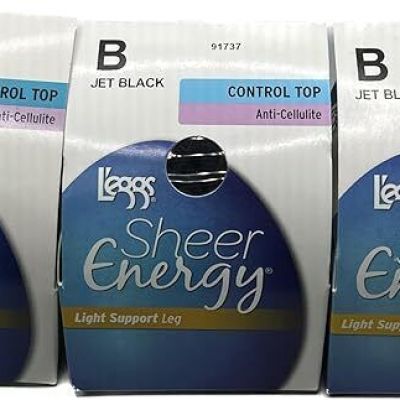 (3 PACK) L'eggs Sheer Energy Control Top Anti-Cellulite Pantyhose, B Jet Black