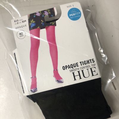 HUE Opaque Tights Smooth Control Top Black Size 1 Smooths Tummy Hips NIP