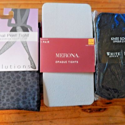 WOMENS LOT OF 3 - ANIMAL TIGHTS/OPAQUE TIGHTS/BLACK KNEE HIGHS S/M  (#M10)
