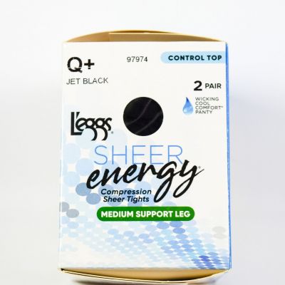 L'eggs Sheer Energy Control Top Medium Support Wicking JET BLACK 2 pair Tight Q+