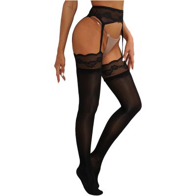 US Women Oil Lace Patchwork Sheer Pantyhose Garter Belt Stocking Tights Lingerie
