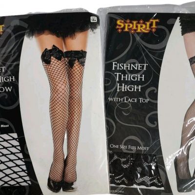 Black Fishnet Thigh High Hose 1 w/ lace 1 w/ bow Spirit One Size 2 Pair Sexy