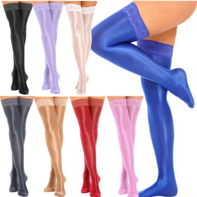 US Women's Glossy Sheer Thighs High Stockings Lace Over the Knee Socks Lingerie