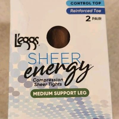 Leggs Sheer Energy 2 PAIRS SIZE B Medium Support SUNTAN Control Top Sheer Tights