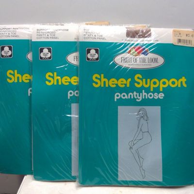 3 Packs of NOS Support Pantyhose Reinforced Panty & Toe Cotton Panel - Medium