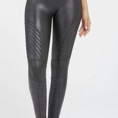 Spanx Moto Leggings, Black Faux Leather, Size Large, Wide Waistband, Shaping