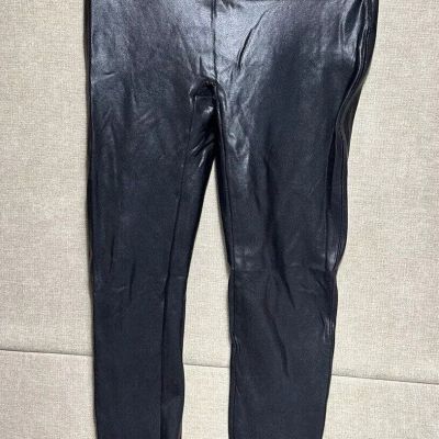 Spanx Black Faux Leather Leggings Women’s Size L Mid Rise Slimming Shiny