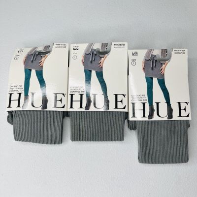 HUE Control Top RIB TIGHTS Size 1 Steel Gray Ribbed Tight Womens 3 Pair Pack New