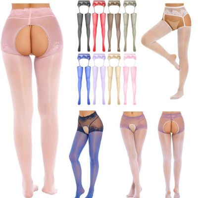 US Woman's Lace Thigh High Stockings Garter Belt Hold Up Shimmery Oil Silk Pants