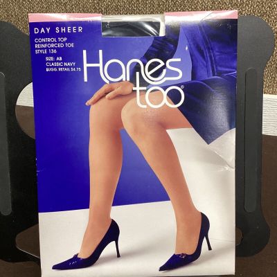 Hanes Too Day Sheer Control Top Pantyhose Size AB Classic Navy Style 136 Vintage