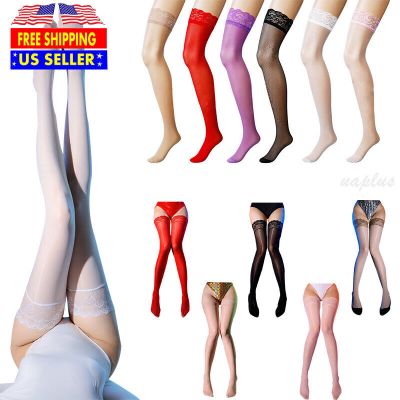Womens Oil Shiny Glossy High Stockings Lace Silicone Stay Up Thigh-Highs Hosiery