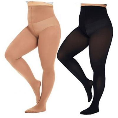 Plus Size Tights for Women 80D Soft Solid Color 3X-Large 2 Pairs-black+suntan