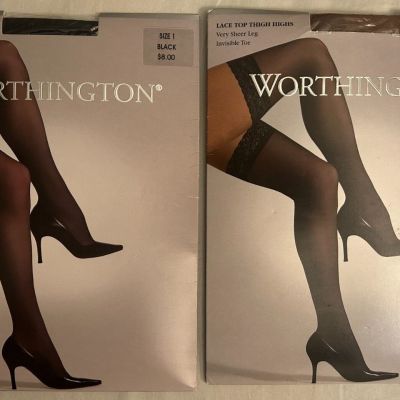 2 Worthington Lace Top Thigh High Stockings Size 1 Black & Almond Sheer Leg Toe