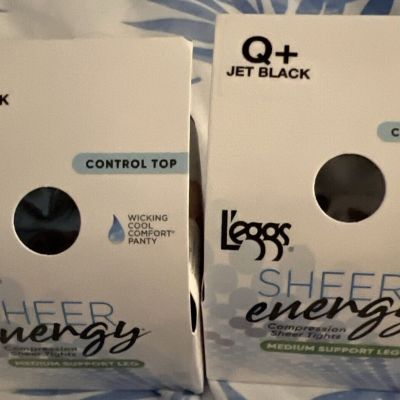 2 Pair L’eggs Sheer Energy Control Top Wicking Pantyhose Size XL Jet Black NIB