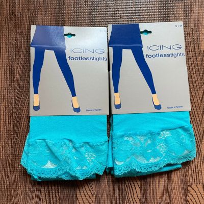 Pack Of 2 Women's Footless Tights SoftTouch Blue With Lace Detail sz S-M Nylon