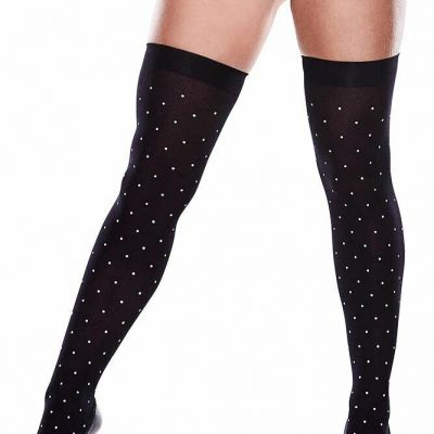 New Women's Opaque White Polka Dot Black Thigh High Stockings With Bow