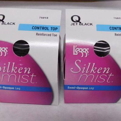 2-Leggs Silken Mist Semi-Opaque Leg Size Q ,Jet Black,Control Top,Reinforced Toe