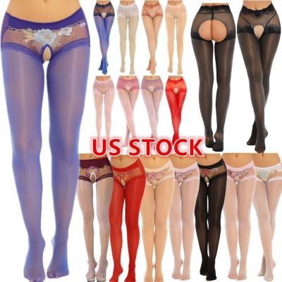 US Womens Glossy Oil Crotchless Pantyhose Stockings Stretchy Lingerie Hosiery