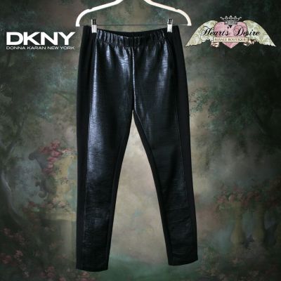 DKNY Faux Croc Imprint Vegan Leather Front Black Leggings Moto Style Sexy Sz S