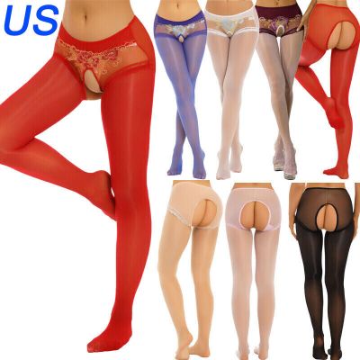 US Womens Shiny Sheer Tights Pantyhoses Floral Lace Trim Crotchless Stockings