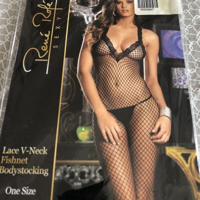 Rene Rofe Sexy Lace V-neck Fishnet Bodystocking Stocking Black 7020-blk O/s