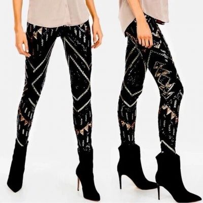 EXPRESS Sequin Leggings Gold and Black Aztec Print Women’s Size XL