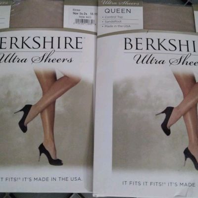 2 Berkshire Queen Ultra Sheer Control Top Sandalfoot pantyhose STONE size 1X-2X