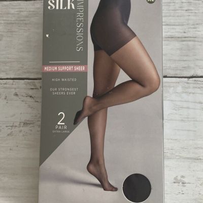 Silk Impressions Black Medium Support Sheer Tights Pantyhose 30 Denier 2 Pair XL
