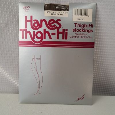 Vintage Hanes Thigh-Hi Stockings Town Taupe 1 Pair Size Petite Sandlefoot 5'-5.3