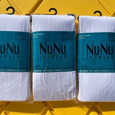 3 New Footed Queen Opaque White Pantyhose Tights Q Lot Size 3X 4X -195-300 Lb