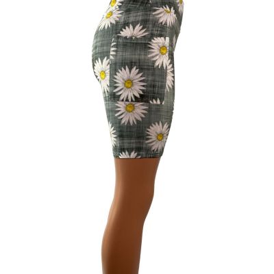 Bright Daisies over Gray Plaid Leggings Capri Shorts Multiple Sizes POCKETS