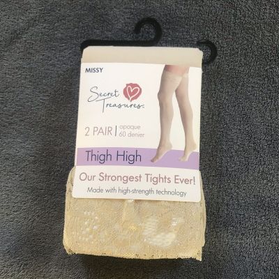 Sec Treas Beige Womens Lace Top Opaque 60 Denier Thigh High Tights 2 Pair Missy