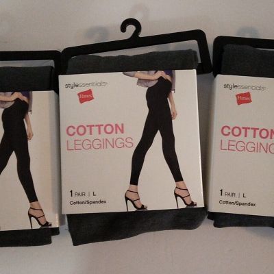 3 Packs Hanes Woman's Style Essentials Cotton Leggings, Large, Grey,