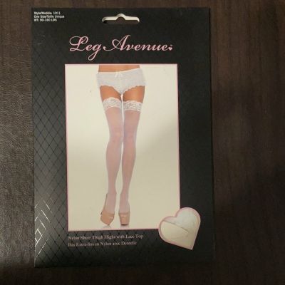 Womens One Size Leg Avenue Sheer Thigh High Stockings Lace Band White Style 1011